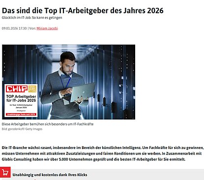 Screenshot des CHIP-Artikels zu Top-Arbeitgebern für IT-Jobs 2026 Screenshot des CHIP-Artikels über Projektron als Top-Arbeitgeber für IT-Jobs 2026