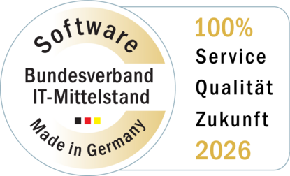Software Made in Germany 2026 – BCS von Projektron Logo der Auszeichnung Software Made in Germany 2026 des Bundesverbands IT-Mittelstand – verliehen an BCS von Projektron für Service, Qualität und Zukunft.