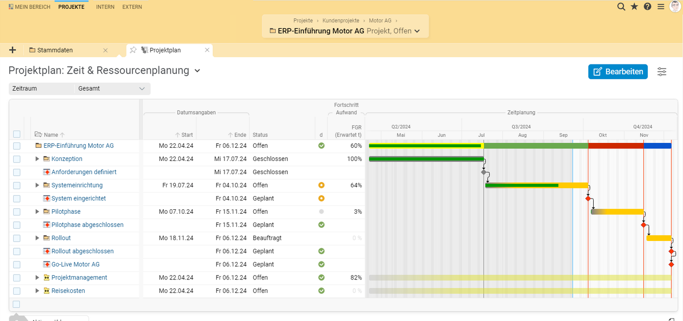 Im interaktiven Gantt-Diagramm planen Sie Vorgänge, Aufgaben und Meilensteine im zeitlichen Ablauf und verfolgen den Projektfortschritt. Das interaktive Gantt Chart in BCS dient nicht nur der Visualisierung Ihres Projektablaufs, sondern ist auch ein Instrument für Ihre Projektplanung.