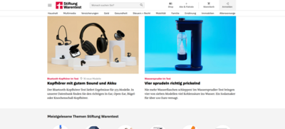 Stiftung Warentest publishes product tests in print and digitally. (Screenshot of the website test.de) Screenshot of the Stiftung Warentest website