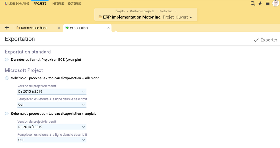 Capture d'écran de l'exportation des données de projet de Projektron BCS sous forme de fichiers Microsoft Project