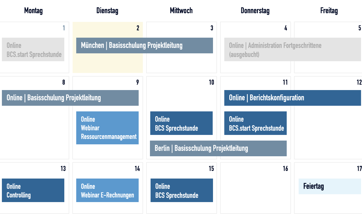 Dates in compact form: In our calendar, you will find our event offerings for both the current and the next six months. Projektron events calendar