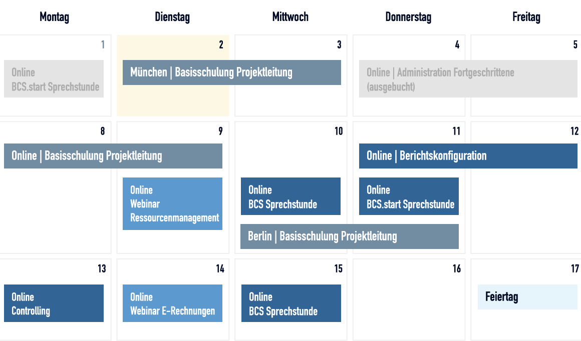 Termine kompakt: In unserem Kalender finden Sie unsere Veranstaltungsangebote sowohl für den aktuellen als auch für die nächsten sechs Monate. Veranstaltungskalender Projektron