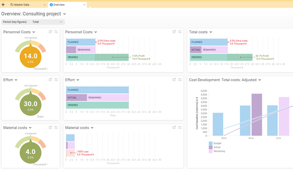 The project overview in BCS provides you with a compact overview of the most important KPIs for your project controlling. Project overview in BCS