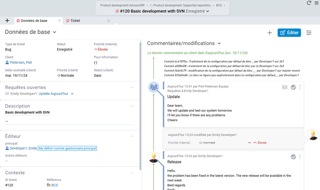 Capture d'écran de l'interface GitLab dans Projektron BCS avec affichage des commits dans un ticket