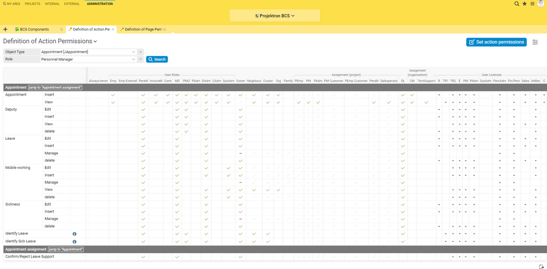 In the Projektron BCS rights matrix, you can adjust rights with just a few clicks.