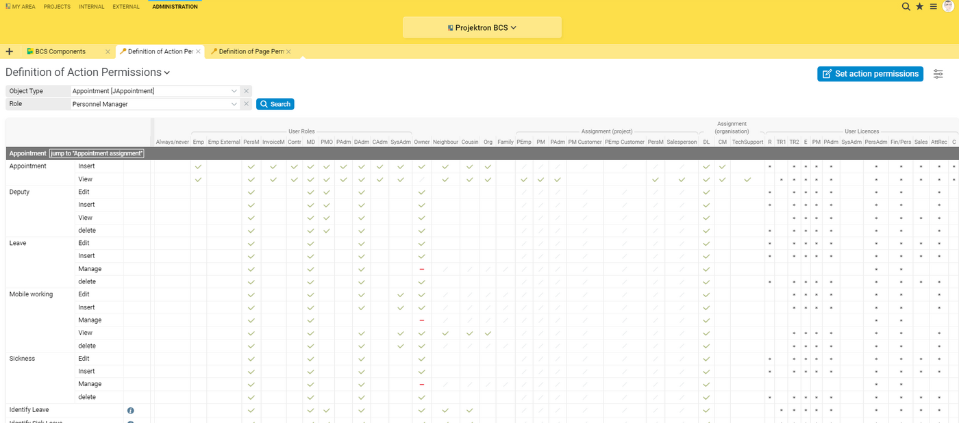 In the Projektron BCS rights matrix, you can adjust rights with just a few clicks.