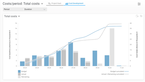 In the Cost History view you can see the cost activity and the cost sum line of the project. The cost activity columns show which monthly costs were incurred in the project, the cost sum lines show the accumulated monthly costs of the project. Cost history in BCS