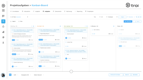 In Troi you can display your project tasks clearly as a Kanban board and move them by drag-and-drop (source: https://trusted.de/troi; last accessed 02/13/2026). Screenshot task overview Kanban in Troi