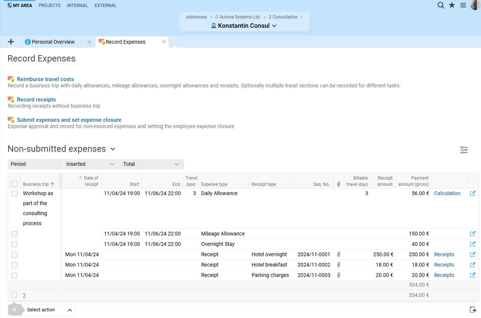 A look at the Projektron BCS expense recording module.