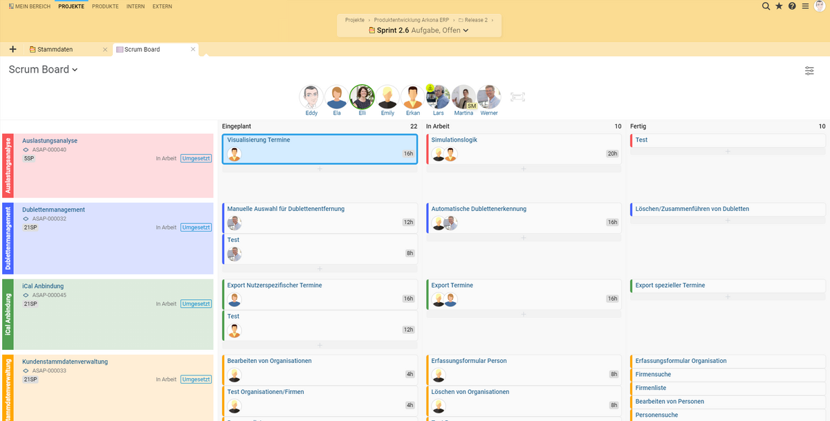 Das digitale Scrum Board visualisiert den Stand Ihres Teams im Sprint