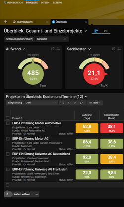 Grafische Multiprojektauswertung in Projektron BCS im Dark Mode