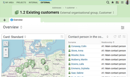 Starting with Projektron BCS 25.3, contact and customer data can be displayed directly on an interactive map. The OpenStreetMap-based view visualizes locations and sales potential clearly within the CRM. Screenshot of the new map view in Projektron BCS 25.3 showing customer and contact locations based on OpenStreetMap.