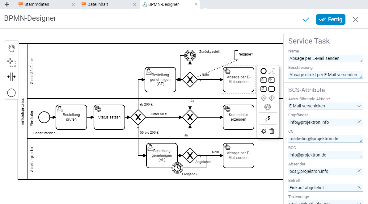 BPMN-Designer Oberfläche zur Definition von Prozessen mit Aktivitäten, Rollen, Swimlanes und Entscheidungspunkten sowie Kontext-Editor