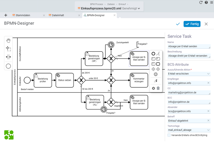 BPMN-Designer Oberfläche zur Definition von Prozessen mit Aktivitäten, Rollen, Swimlanes und Entscheidungspunkten sowie Kontext-Editor