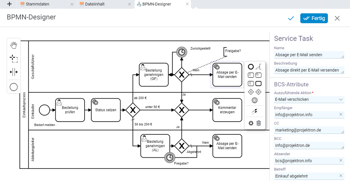 BPMN-Designer Oberfläche zur Definition von Prozessen mit Aktivitäten, Rollen, Swimlanes und Entscheidungspunkten sowie Kontext-Editor