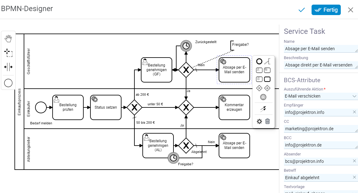 BPMN-Designer Oberfläche zur Definition von Prozessen mit Aktivitäten, Rollen, Swimlanes und Entscheidungspunkten sowie Kontext-Editor