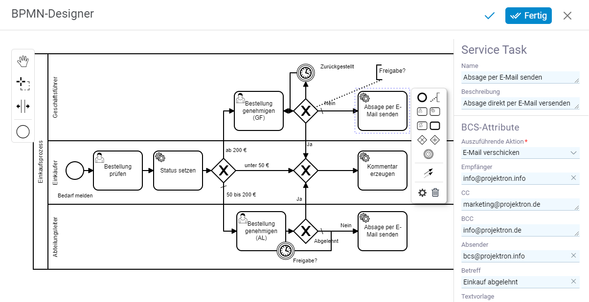 BPMN-Designer Oberfläche zur Definition von Prozessen mit Aktivitäten, Rollen, Swimlanes und Entscheidungspunkten sowie Kontext-Editor