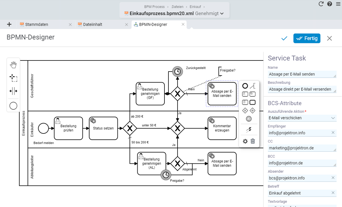 BPMN-Designer Oberfläche zur Definition von Prozessen mit Aktivitäten, Rollen, Swimlanes und Entscheidungspunkten sowie Kontext-Editor