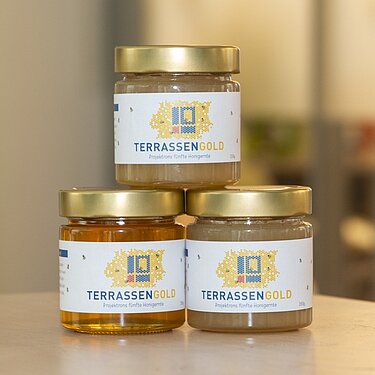 Terrassengold 2025 Gläser mit Terrassengold 2025 Honig aus Projektron Dachterrassen-Bienenzucht
