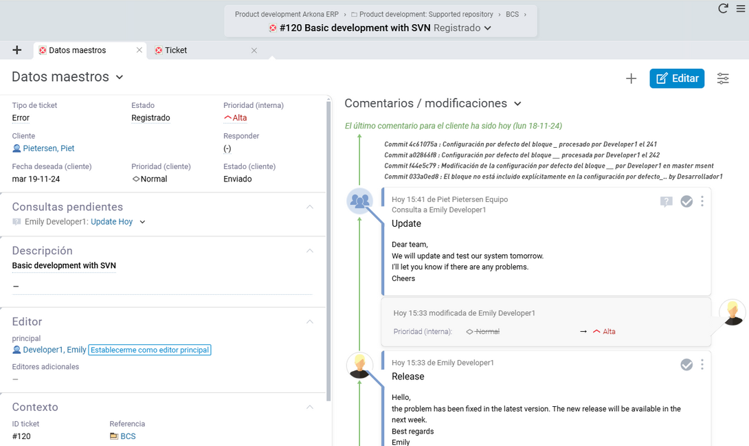 Captura de pantalla de la interfaz de GitLab en Projektron BCS con visualización de commits en un ticket