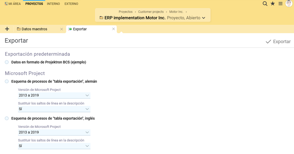 Captura de pantalla de la exportación de datos de proyecto de Projektron BCS como archivos de Microsoft Project