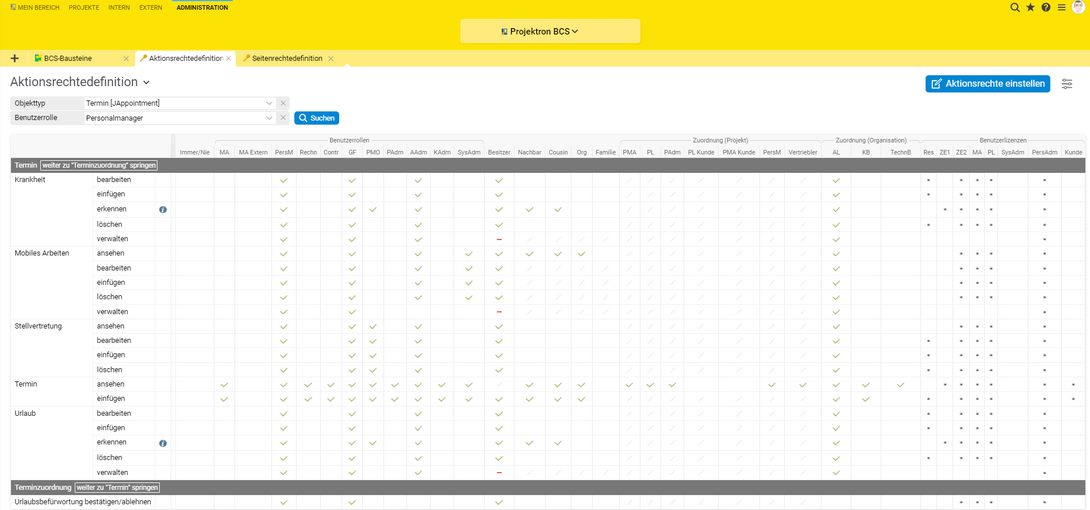 In der Projektron BCS-Rechtematrix passen Sie Rechte mit wenigen Klicks an