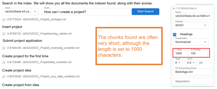 Due to the highly structured nature of the help documents, many very short splits are created during indexing, which provide less useful results for the semantic search.