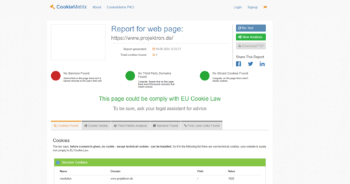 projektron.de analysis result on cookiemetrix