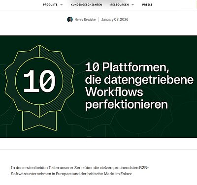 Screenshot of the Moss magazine article “10 German platforms that transform everyday processes into data-driven workflows” with mention of Projektron BCS as one of the software solutions featured (Source: https://www.getmoss.com/de-de/magazine/10-deutsche-plattformen-datenbasiert-steuern, accessed on January 13, 2026). Screenshot of the Moss magazine article “10 German platforms that transform everyday processes into data-driven workflows” with mention of Projektron BCS as one of the software solutions featured (Source: https://www.getmoss.com/de-de/magazine/10-deutsche-plattformen-datenbasiert-steuern, accessed on January 13, 2026).