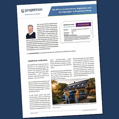 Cover page of the ADLER Solar case study: The report shows how ADLER Solar uses BCS for structured proposals, documentation, and end-to-end order processing. Cover page of the ADLER Solar case study: The report shows how ADLER Solar uses BCS for structured proposals, documentation, and end-to-end order processing.