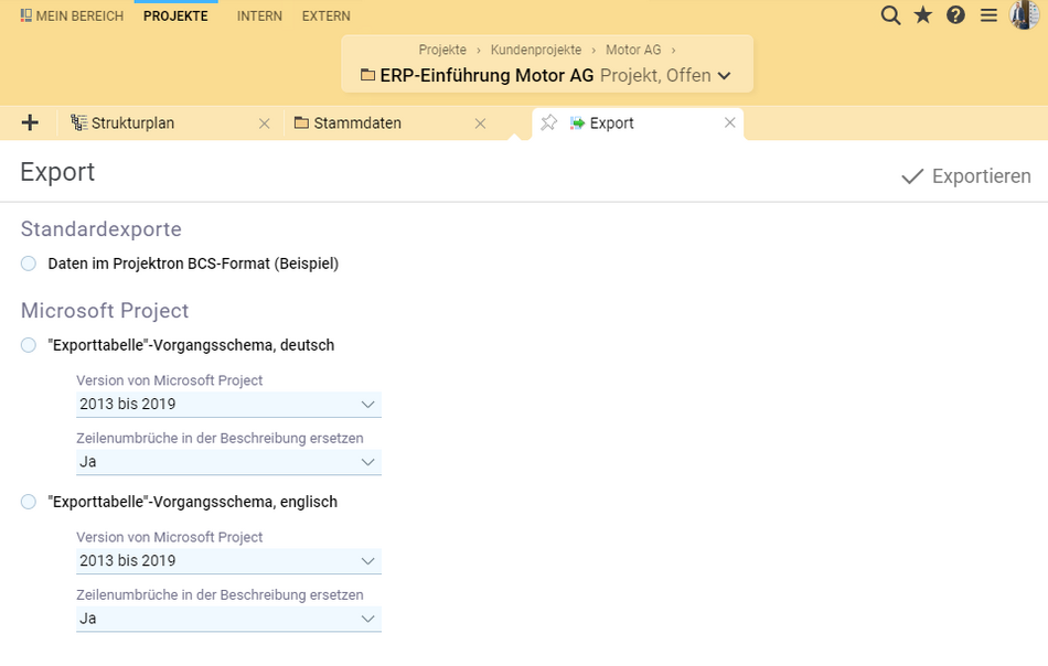 Screenshot des Exports von Projektdaten aus Projektron BCS als Microsoft Project-Dateien