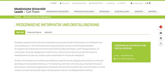Die Abteilung Medizinische Informatik und Digitalisierung arbeitet projektbasiert mit Projektron BCS und verantwortet viele verschiedene Themenbereiche. (Screenshot: https://mul-ct.de/) Abteilung Medizinische Informatik und Digitalisierung der Medizinischen Universität Lausitz – Carl Thiem