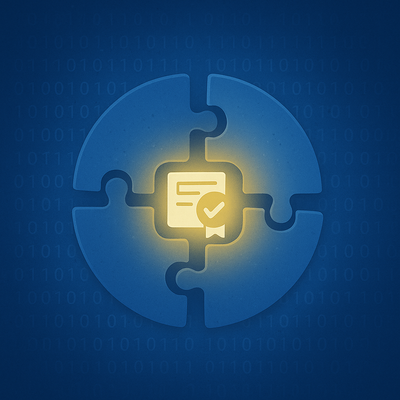 A stylized certificate symbol in the middle of a circle of puzzle pieces—symbolizing how certifications make skills visible and integrate them into the big picture. A stylized certificate symbol in the middle of a circle of puzzle pieces—symbolizing how certifications make skills visible and integrate them into the big picture.
