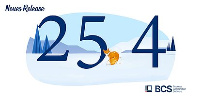 BCS 25.4 – Übersichtliches Controlling und effiziente Projektorganisation BCS 25.4: Titelbild Winter mit Fuchs: Kostendiagramm, Meilensteinverlauf, Kanbanboard und Ticketauswertung