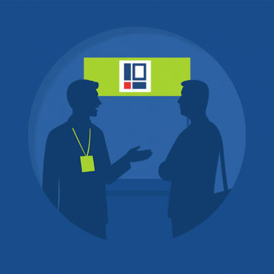 Stylized trade fair image: Two people talking in front of the Projektron trade fair stand – symbolizing customer contacts, exchange, and the benefits of professional trade fair controlling. Stylized trade fair image: Two people talking in front of the Projektron trade fair stand – symbolizing customer contacts, exchange, and the benefits of professional trade fair controlling.