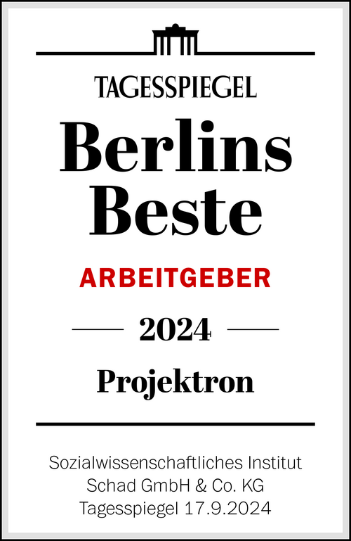 Projektron wurde vom Tagesspiegel in der Studie „Berlins Beste: Arbeitgeber und Ausbildungsbetriebe 2024“ als einer der besten Arbeitgeber der Hauptstadt ausgezeichnet. Projektron wurde vom Tagesspiegel in der Studie „Berlins Beste: Arbeitgeber und Ausbildungsbetriebe 2024“ als einer der besten Arbeitgeber der Hauptstadt ausgezeichnet.