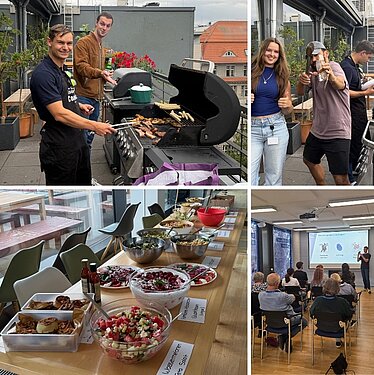 Familientreffen bei Projektron, Grillfeier auf den Dachterrassen Collage vom Familientreffen bei Projektron mit Vortrag im Büro, Spezialitäten vom Grill und Salatbuffet auf den Dachterrassen.