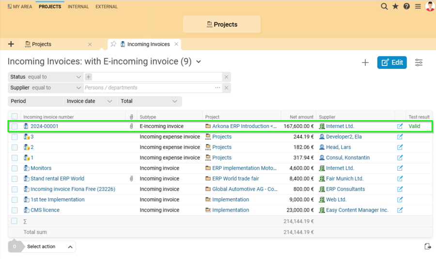 Screenshot of the incoming invoice overview in Projektron BCS 24.4