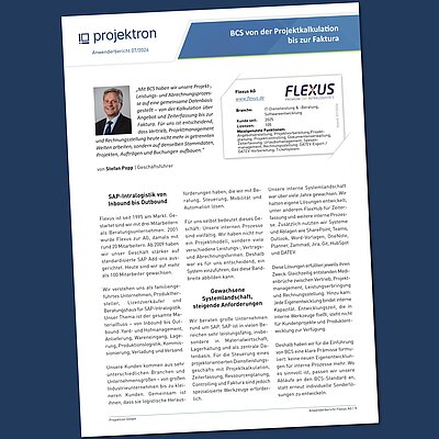 Cover page of the Flexus AG case study: The report shows how Flexus uses BCS as a central platform for project costing, quote creation, time tracking, project management, and invoicing. Cover page of the Flexus AG case study: The report shows how Flexus uses BCS as a central platform for project costing, quote creation, time tracking, project management, and invoicing.