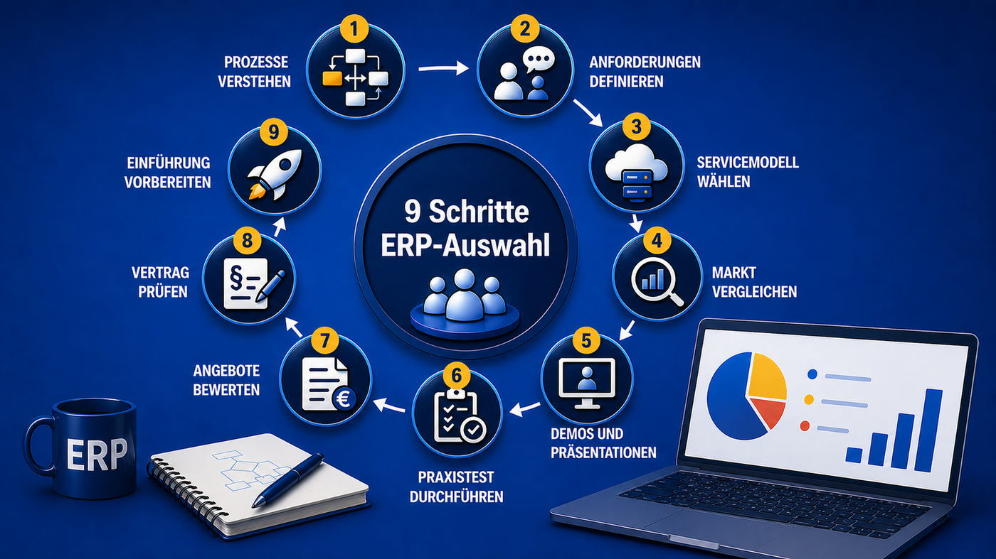 Die Infografik zeigt den strukturierten Auswahlprozess eines ERP-Systems – von der Prozessanalyse über Anforderungen, Vergleich und Praxistest bis zur Einführung. Infografik mit neun nummerierten Schritten zur ERP-Auswahl für Dienstleister, darunter Prozesse verstehen, Anforderungen definieren, Markt vergleichen, Praxistest durchführen und Einführung vorbereiten.