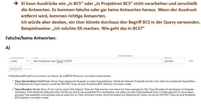 Testdokumentation zum Projektron BCS KI Hilfe Assistenten, die Schwierigkeiten bei der Vektorsuche und Kontextwiederherstellung bei spezifischen Begriffen wie „BCS“ oder „Projektron“ zeigt.