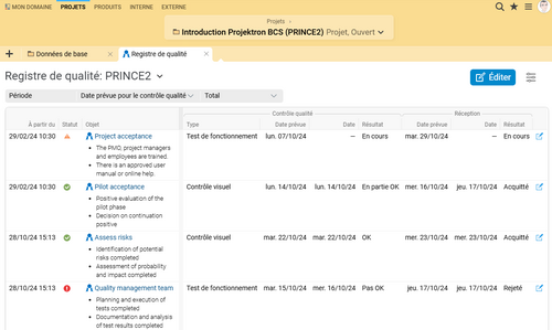 Registre de qualité PRINCE2 dans Projektron BCS