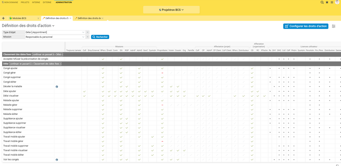 Dans la matrice de droits de Projektron BCS vous pouvez adapter les droits en quelques clics de souris