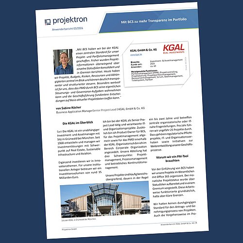 KGAL berichtet im Anwenderbericht, wie mit Projektron BCS mehr Transparenz im Projektportfolio geschaffen wurde. KGAL berichtet im Anwenderbericht, wie mit Projektron BCS mehr Transparenz im Projektportfolio geschaffen wurde.