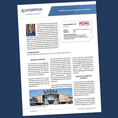 Mit BCS zu mehr Transparenz im Projektportfolio – Anwenderbericht KGAL GmbH & Co. KG Titelseite des Anwenderberichts der KGAL GmbH & Co. KG über den Einsatz von Projektron BCS für transparentes Projekt- und Portfoliomanagement.