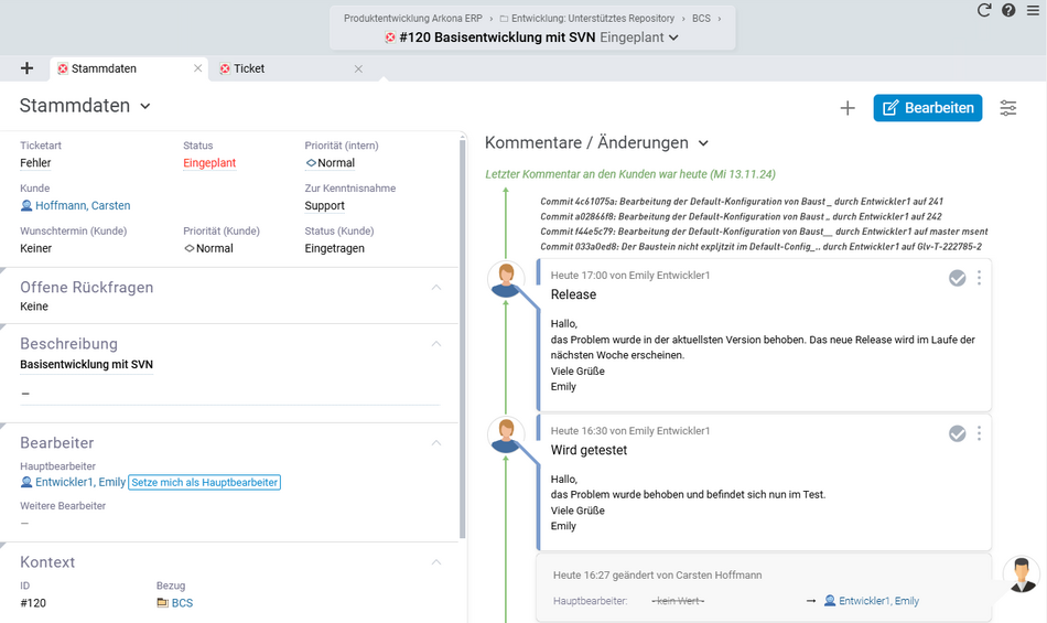 Screenshot der GitLab-Schnittstelle in Projektron BCS mit Anzeige von Commits in einem Ticket