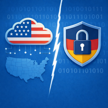Digitale Souveränität: US-Cloud vs. deutsches Hosting Manager analysieren Daten auf großen Dashboards mit KI-Visualisierung im Hintergrund