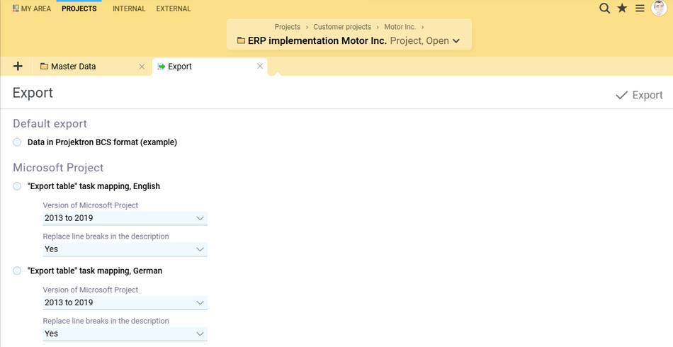 Screenshot of the export of project data from Projektron BCS as Microsoft Project files