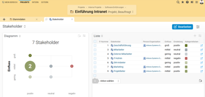 Die BCS Stakeholder- und Umfeldanalyse visualisiert Beziehungen, Einfluss und Interessen von Stakeholdern innerhalb komplexer Projektstrukturen. Screenshot der BCS Stakeholder- und Umfeldanalyse mit visualisierten Beziehungen und Einflussstrukturen im Projektumfeld.